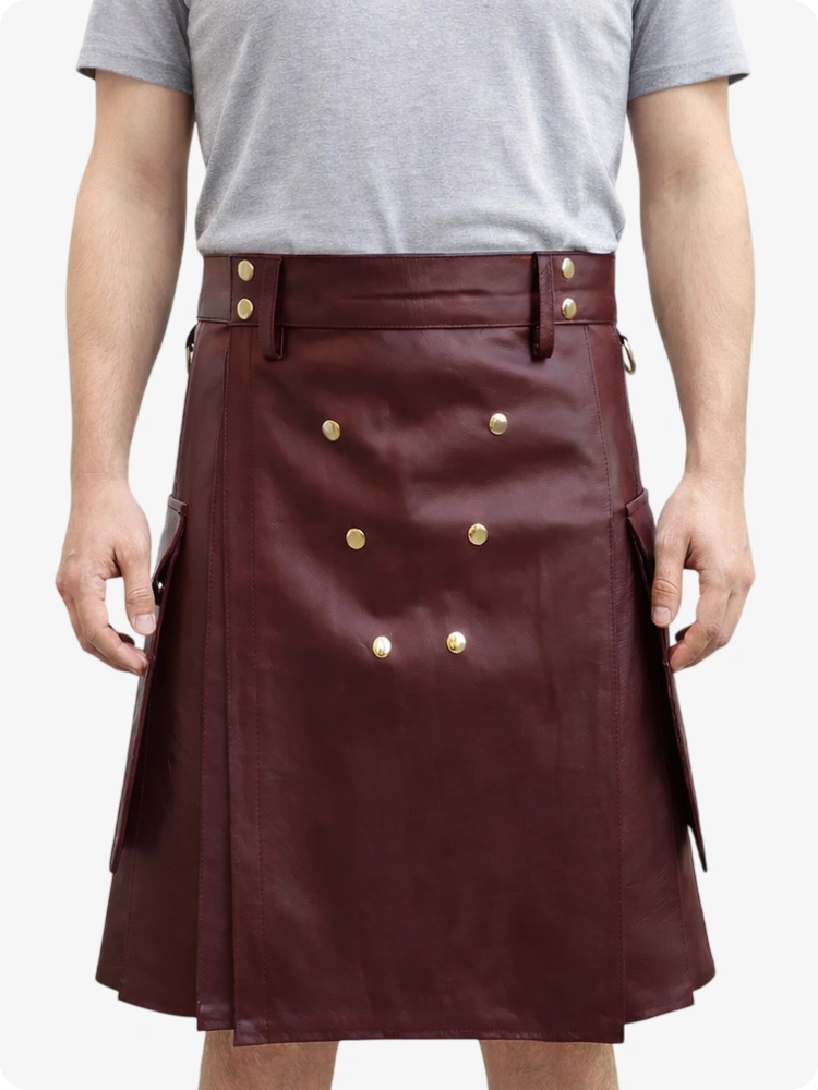 Handcrafted Maroon Leather Utility Kilt with Front Button Rivets