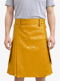 Handcrafted Mustard Yellow Leather Utility Kilt with Front Button Rivets