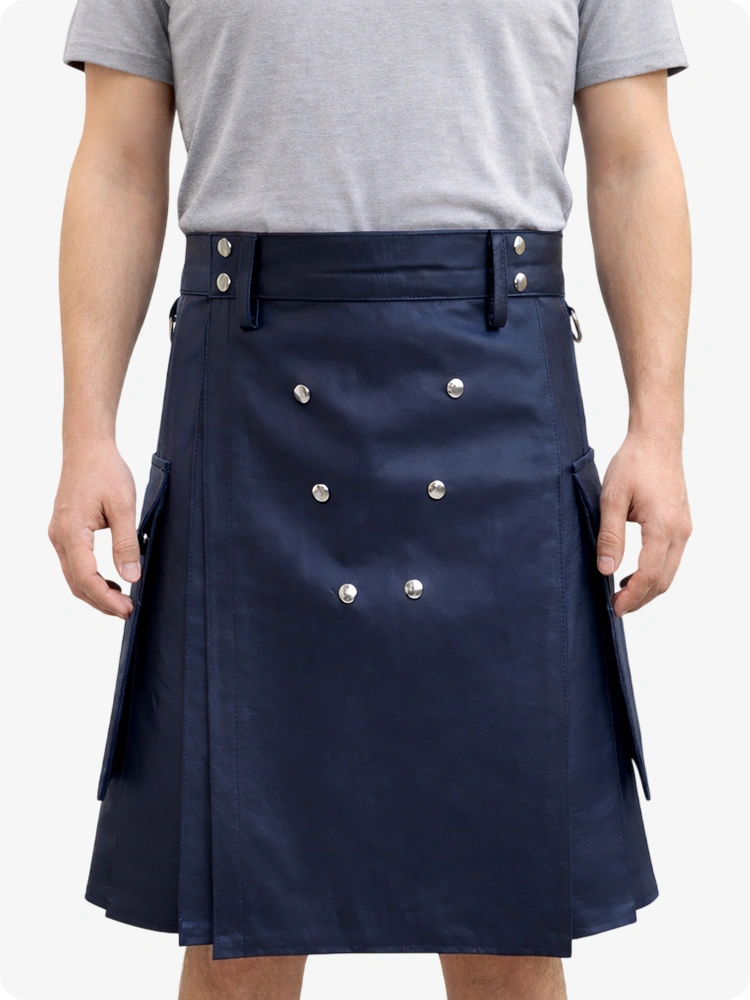 Handcrafted Navy Blue Leather Utility Kilt with Front Button Rivets