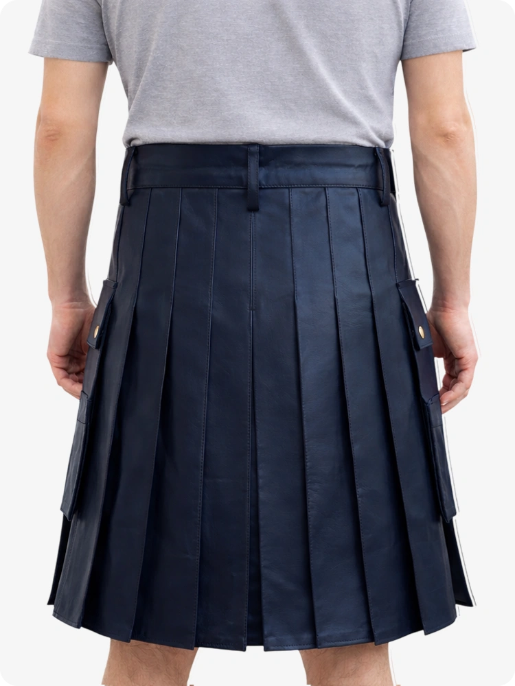 Handcrafted Navy Blue Leather Utility Kilt with Front Button Rivets