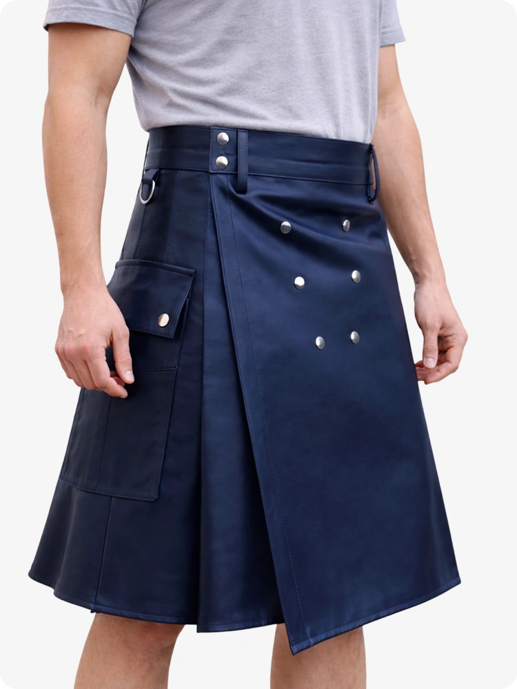 Handcrafted Navy Blue Leather Utility Kilt with Front Button Rivets