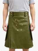 Handcrafted Olive Green Leather Utility Kilt with Front Button Rivets