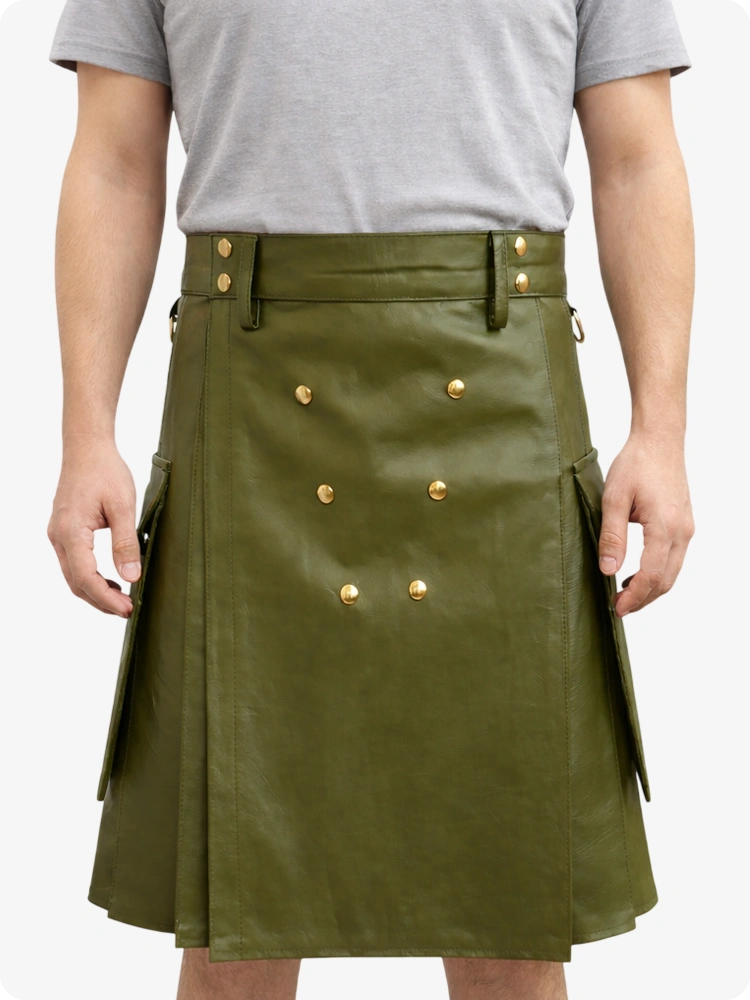 Handcrafted Olive Green Leather Utility Kilt with Front Button Rivets