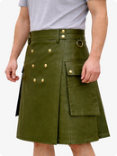 Handcrafted Olive Green Leather Utility Kilt with Front Button Rivets