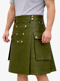 Handcrafted Olive Green Leather Utility Kilt with Front Button Rivets