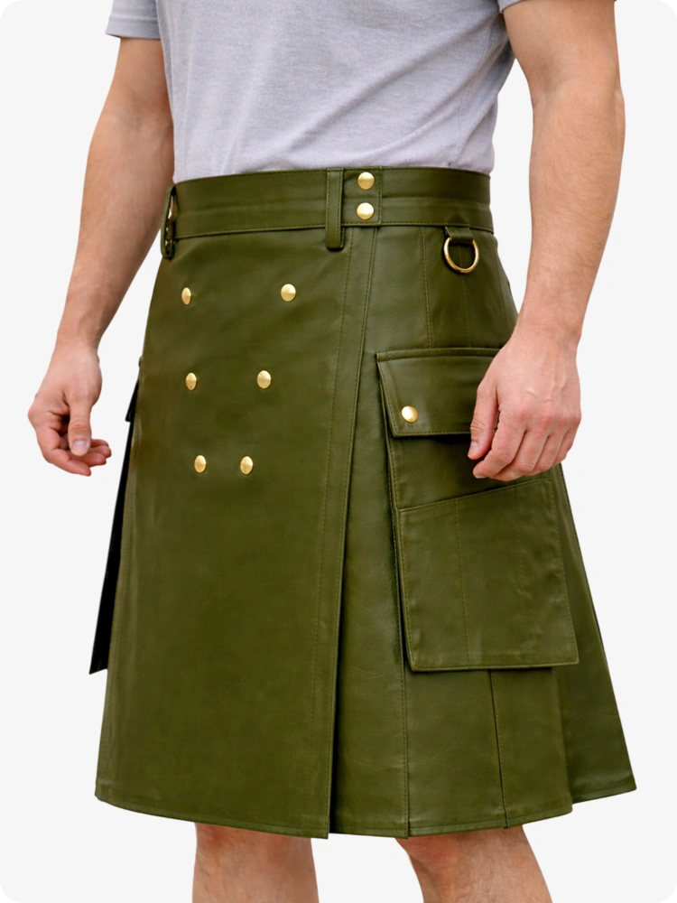 Handcrafted Olive Green Leather Utility Kilt with Front Button Rivets