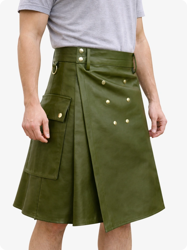 Person wearing a Olive green kilt with gold buttons on a white background