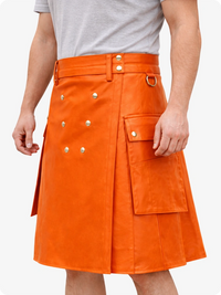 Handcrafted Orange Leather Utility Kilt with Front Button Rivets