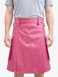 Handcrafted Pink Leather Utility Kilt with Front Button Rivets 