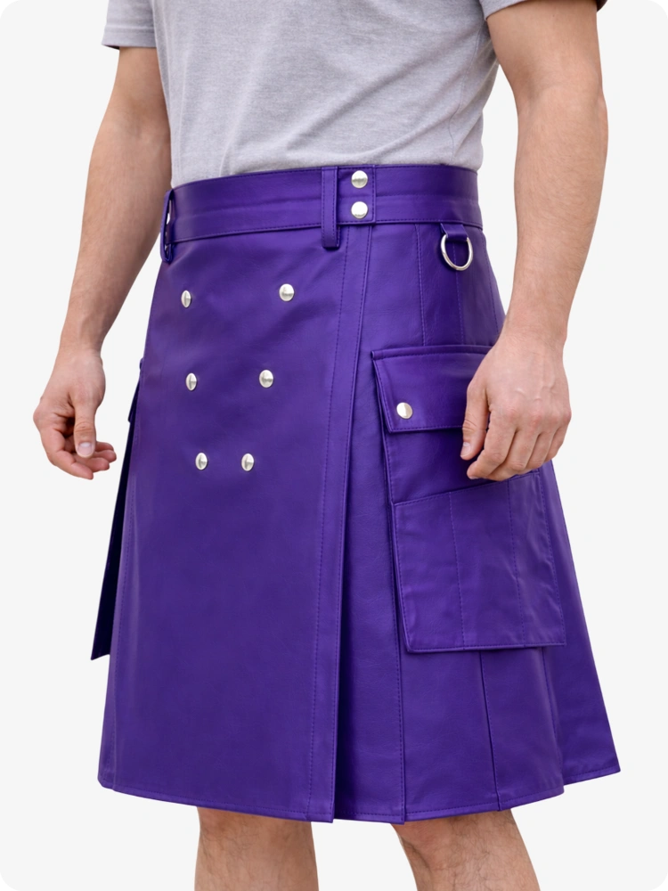 Person wearing a purple kilt with white buttons on a plain background