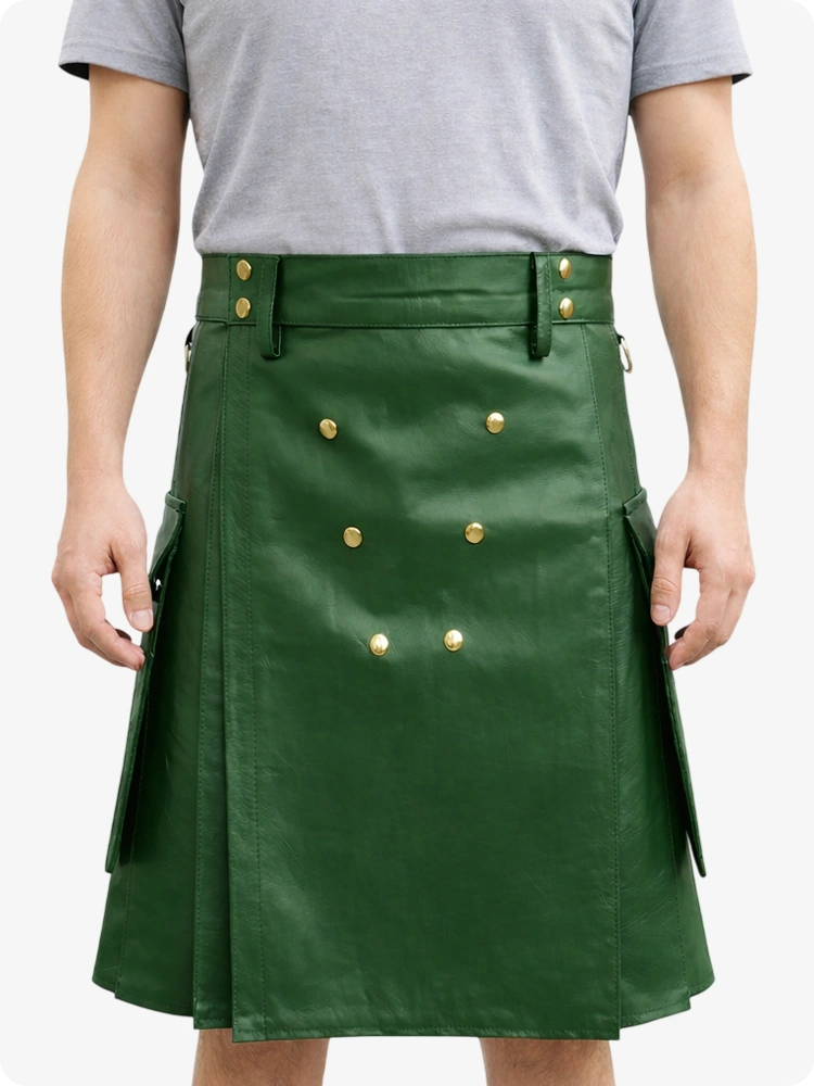 Handcrafted Standard Green Leather Utility Kilt with Front Button Rivets