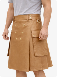Handcrafted Tan Leather Utility Kilt with Front Button Rivets