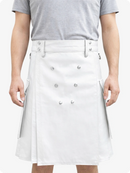 Handcrafted White Leather Utility Kilt with Front Button Rivets