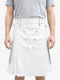 Handcrafted White Leather Utility Kilt with Front Button Rivets