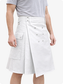 Handcrafted White Leather Utility Kilt with Front Button Rivets