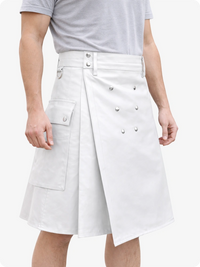 Handcrafted White Leather Utility Kilt with Front Button Rivets