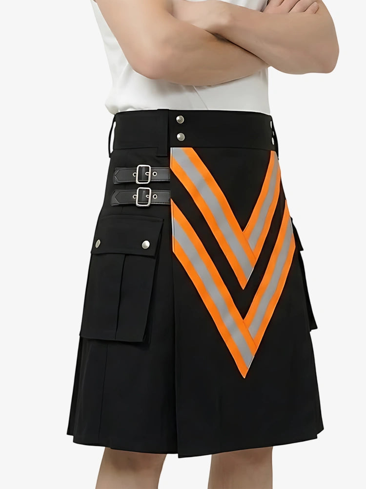Kilt noir pompier fait main avec sangles rouges visibles