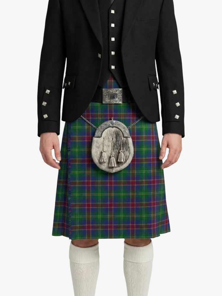 Person wearing a black jacket and green plaid kilt with a silver sporran on a white background