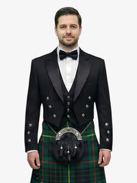 Man wearing a formal black prince charlie jacket tuxedo with a hunting stewart tartan kilt on a white background