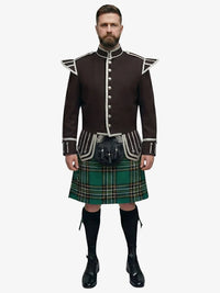 Man wearing a traditional Scottish irish national tartan kilt with a brown jacket on a white background