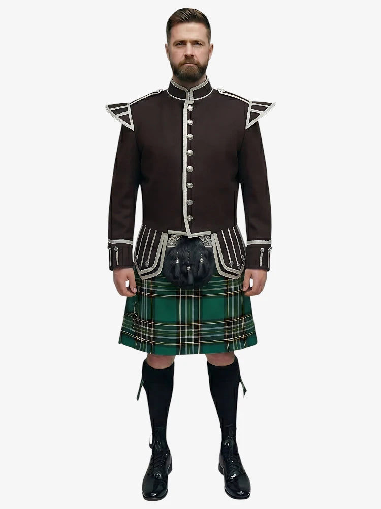 Ensemble Kilt Doublet Tartan National Irlandais avec Veste Marron Foncé