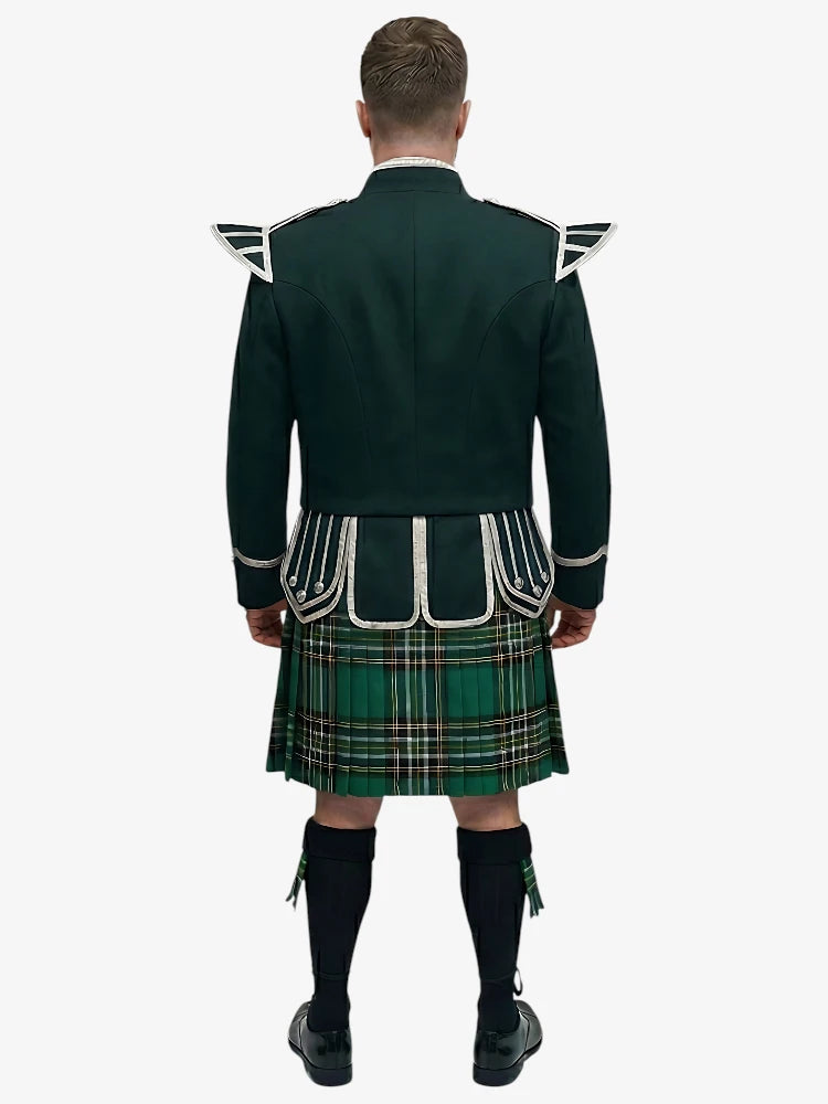 Ensemble Kilt Doublet Tartan Irish National avec Veste Vert Foncé