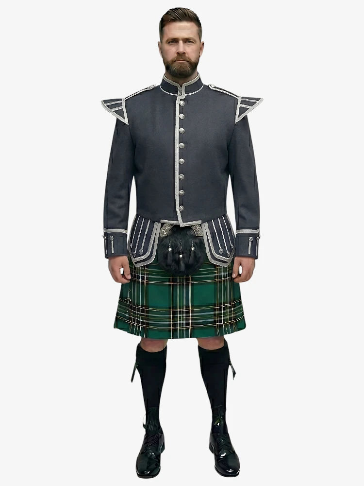 Tenue de Kilt Doublet Tartan Irish National avec Veste Gris Foncé