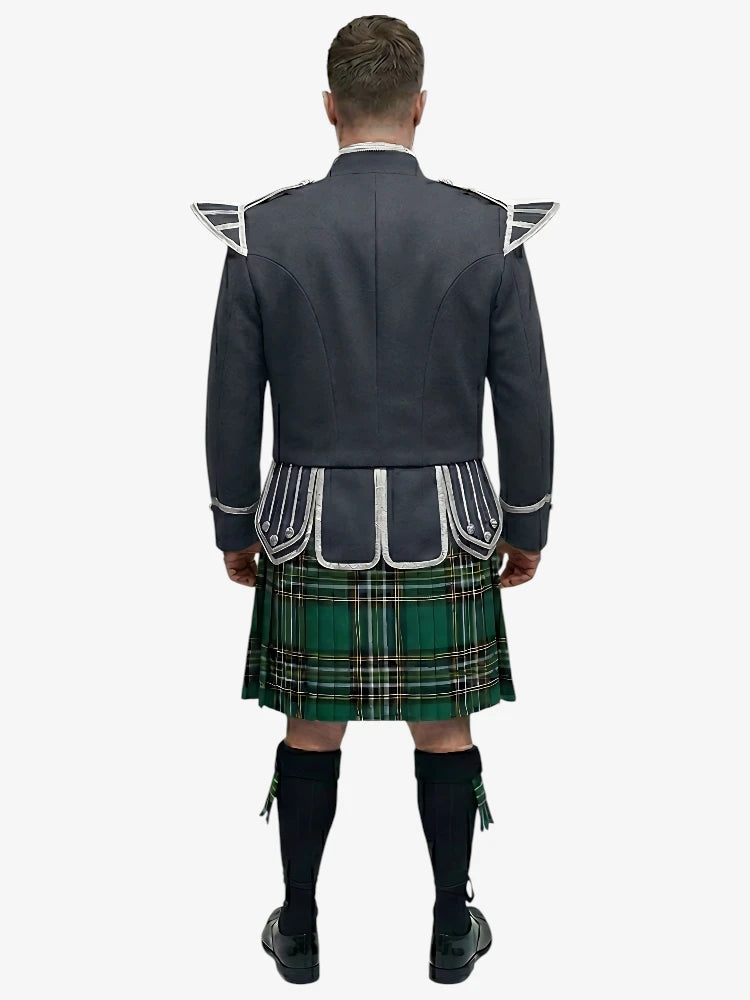 Tenue de Kilt Doublet Tartan Irish National avec Veste Gris Foncé