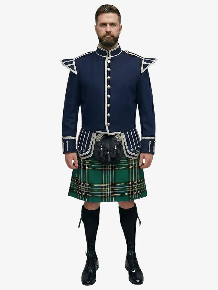 Tenue de Kilt Doublet en Tartan Irish National avec Veste Bleu Marine