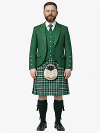 Man wearing a traditional green Scottish kilt with jacket and hose on a white background