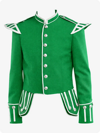 Green military-style jacket with white accents on a white background