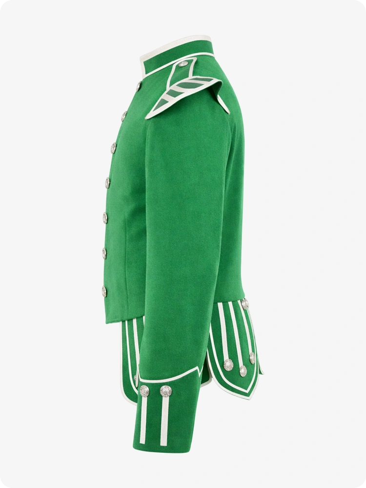 Green military-style jacket with white accents on a white background