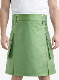 Light Green Genuine Leather Utility Kilt with Cargo Pockets & D-Rings