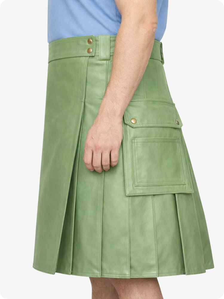 Light Green Genuine Leather Utility Kilt with Side Pockets