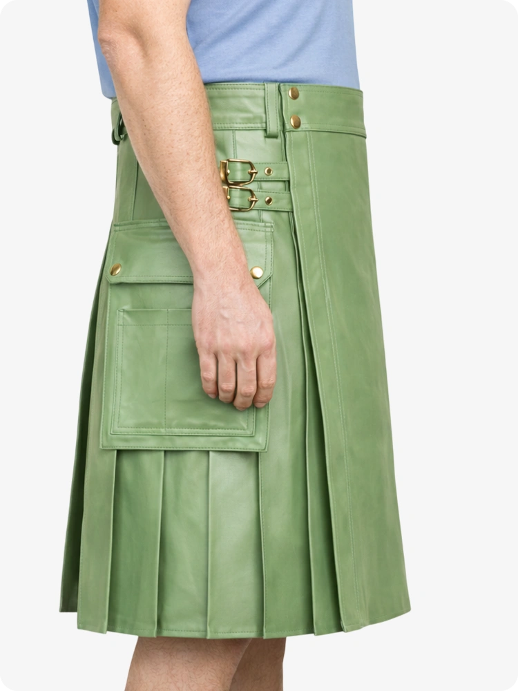 Light Green Genuine Leather Utility Kilt with Side Pockets