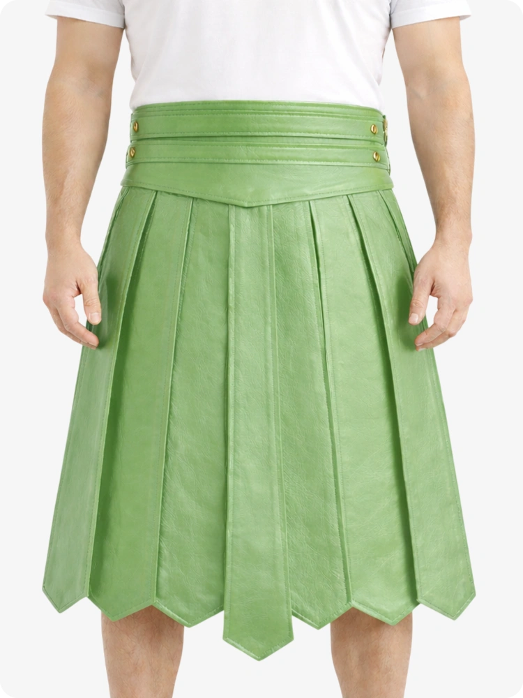 Light Green Leather Highland Kilt Adjustable Buckle Waist & Classic Pleats
