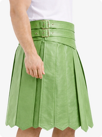 Light Green leather skirt worn by a person on a white background