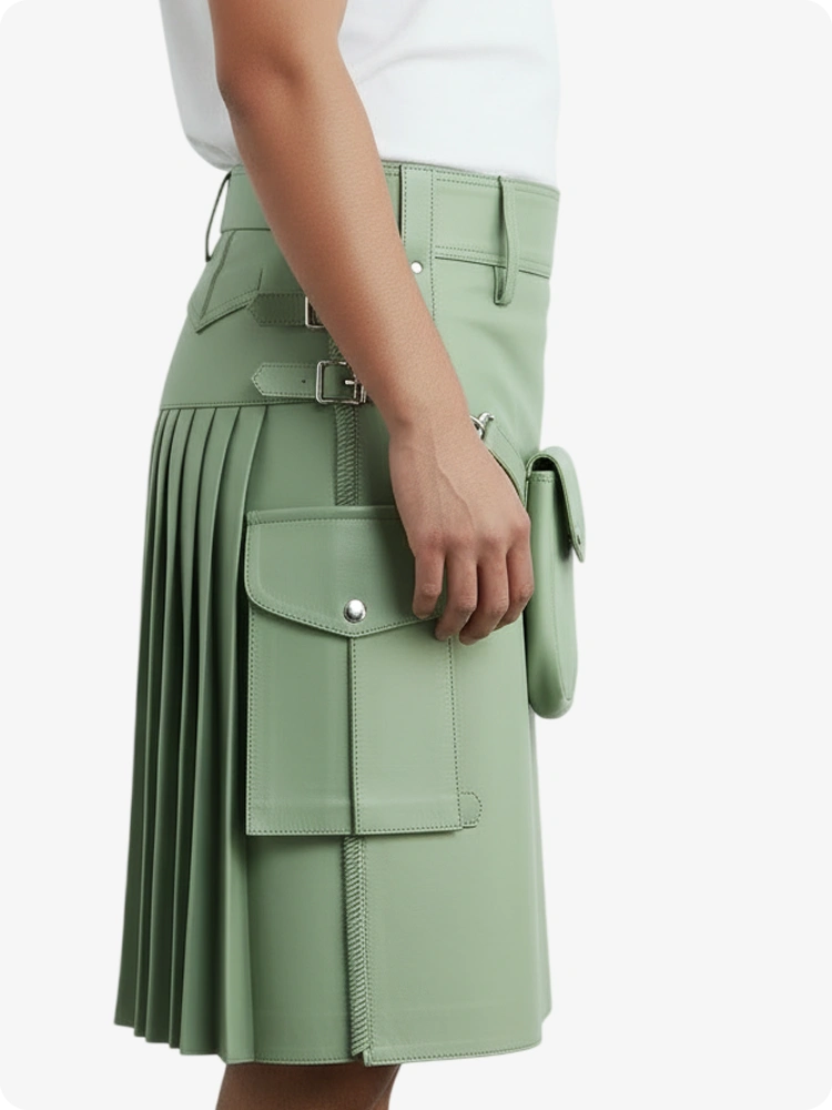Kilt en cuir plissé vert clair avec passants de ceinture et sangles latérales