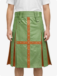 Light Green kilt with brown accents worn by a person on a white background