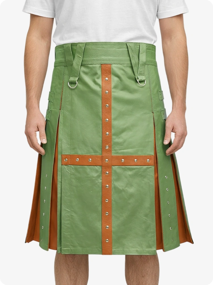 Light Green kilt with brown accents worn by a person on a white background