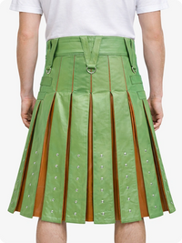 Light Green pleated skirt with brown accents worn by a person on a white background