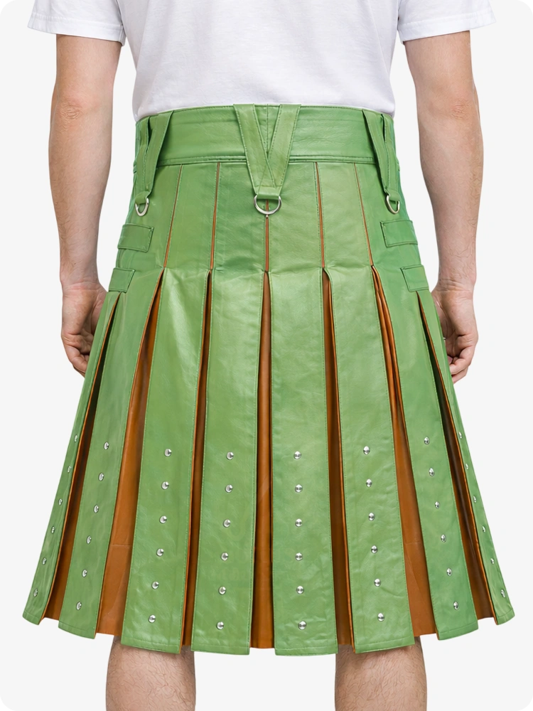 Light Green pleated skirt with brown accents worn by a person on a white background