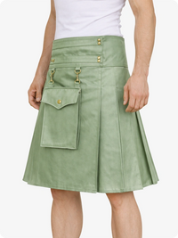 Green skirt with gold buttons and zippers on a white background