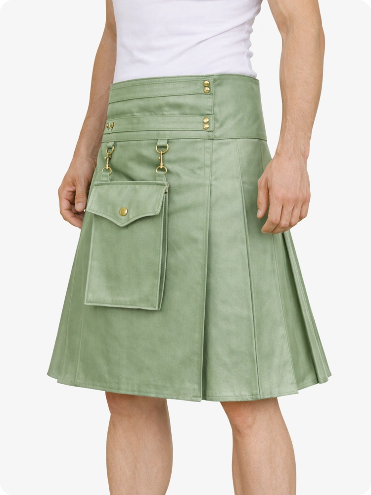 Green skirt with gold buttons and zippers on a white background