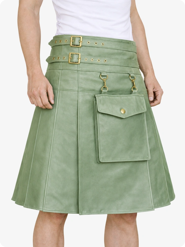 Green skirt with gold accents worn by a person on a white background