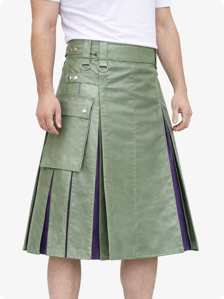 Light Green Leather Utility Kilt with Purple Pleats, Side Pockets & D-Ring Hardware