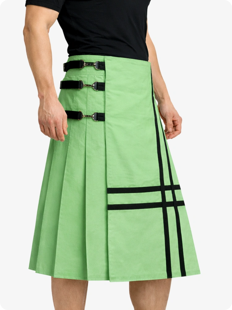 Light Green Leather Utility Kilt with Side Buckles & Pleated Back