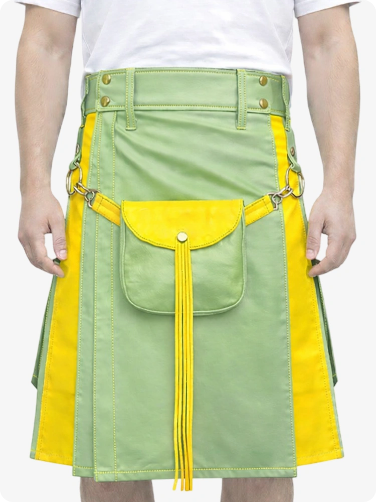 Light Green Leather Utility Kilt with Yellow Accents & Detachable Pockets