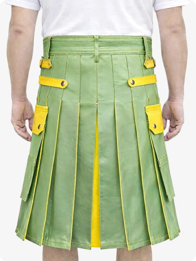Light Green Leather Utility Kilt with Yellow Accents & Detachable Pockets