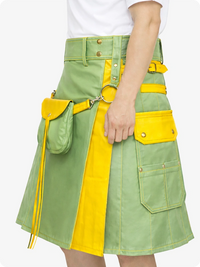 Light Green Leather Utility Kilt with Yellow Accents & Detachable Pockets